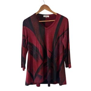 Jess & Jane Boho Tunic Top Womens Size S Red Abstract Lagenlook Art To Wear